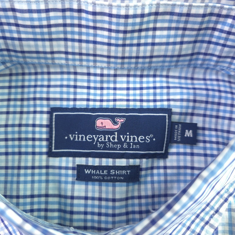 Vineyard Vines Whale Shirt Medium Blue Check Long Sleeve Button Down Cotton Logo - Picture 3 of 7
